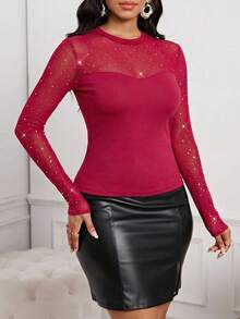 SHEIN Lady Élégant et sexy, simple, minimaliste, chemise moulante en dentelle pour femme, idéale pour le travail - Rouge foncé - Voir 4