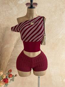 Soleia Women's Striped Asymmetrical Shoulder Cinched Waist Fashionable Top - Multicolor - View 5