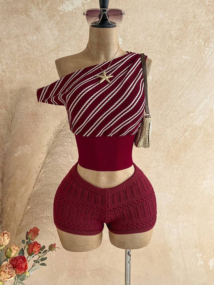 Soleia 女士条纹不对称肩部收腰时尚上衣 - 彩色 - 查看 5