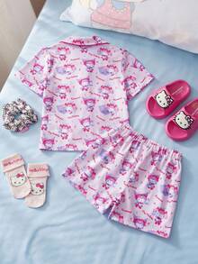 HELLO KITTY AND FRIENDS | SHEIN 女童卡通图案短袖上衣和裤子睡衣套装 - 粉色 - 查看 3
