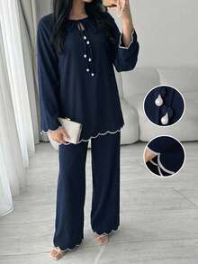 Veilorie 保守休闲波浪刺绣系带女式衬衫 - 藏蓝色 - 查看 9