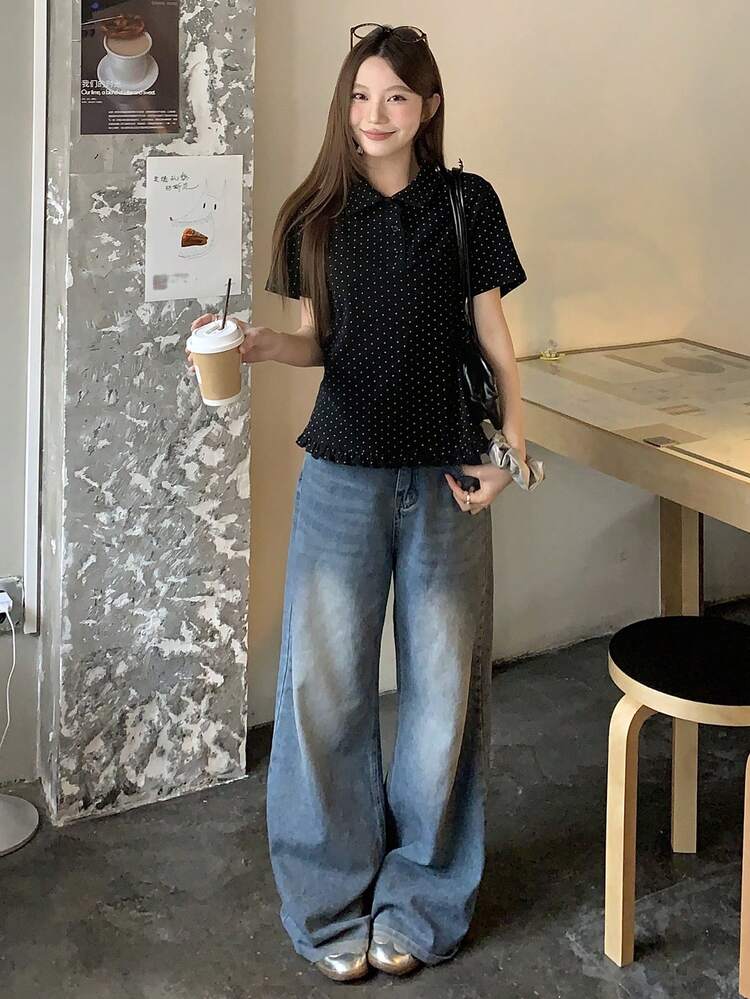 Women's Fresh Korean Style Polka Dot Pattern Polo Collar Short Sleeve Shirt