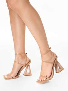 Glitzique 女士方头高跟夏季凉鞋，新款不对称高跟露趾高跟鞋，舒适时尚系带高跟鞋，杏色 - 杏色 - 查看 9