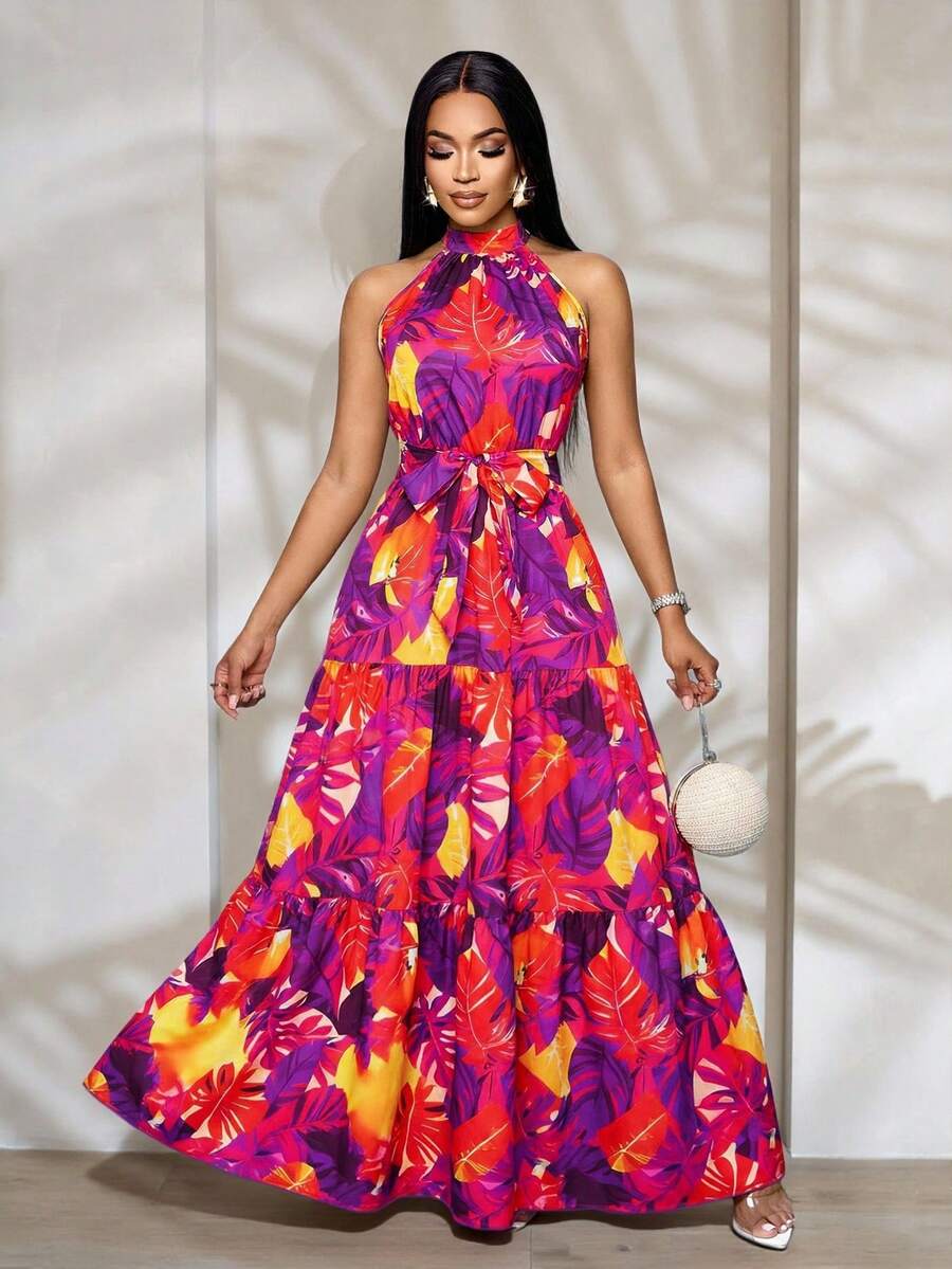 SOLERSUN Women's Fashionable Allover Print Halter Maxi Flowy Dress With Belt For Vacation (Random Floral) - Red Violet - View 1