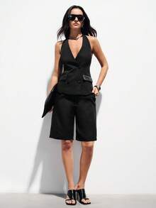 Aveloria Modichic Fashionable Design Elegant Versatile Commute Casual V-Neck Halter Backless Satin Vest Paired With Midi Pants 2 Pieces Set - Black - View 3