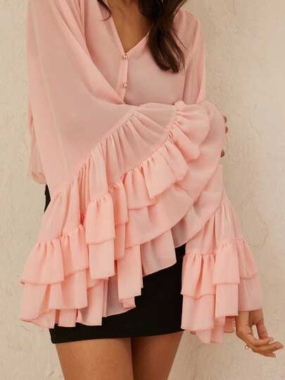 Aveloria Rosie French Fashion Vacation Minimalist Generous Old Money Versatile Loose V-Neck Gold Button Ruffle Hem Long Sleeve Top