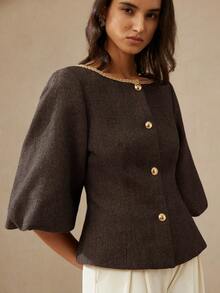 Aveloria Rosie 时尚简约百搭通勤优雅奢华复古设计人字纹拼接圆领收腰灯笼袖女士西装外套 - 彩色 - 查看 4