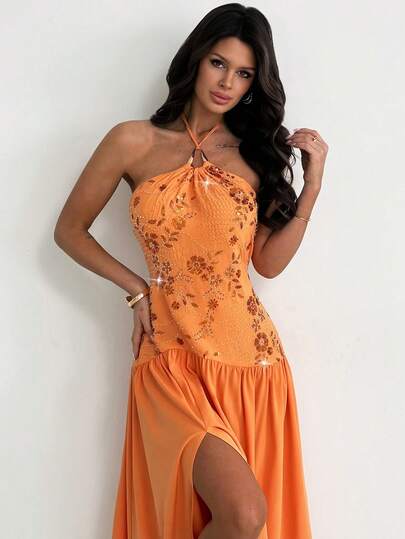 Firerie Vestido con abertura en el bajo, escote de halter y lentejuelas naranja con cuentas para mujer, adecuado para fiestas de verano en la playa, vacaciones, graduación, invitada de boda, baile de graduación, cóctel y ocasiones formales