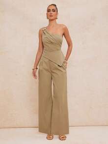 Lumalex Women's Casual One-Shoulder Metal Buckle Outfit Summer Pant Suit Summer Sets Beige Two Piece Set Two Piece Set Women Elegant Early Spring Asymmetric Collar Cinched Waist Straight Leg Women's Suit Set Luxury NewYearNewLook QuietLuxe Prom Gathering Party Banquet Modest Old Money Glitter Holiday Party Rave Festival Outing Vacation Hot Outdoor Richly Layered Wedding VDayGiftGuide RomanticVDayOutfit Season Banquet ID Party New Year Looks Of Party - Khaki - View 2