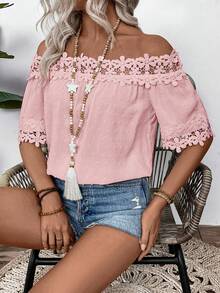 EMERY ROSE Women's Off Shoulder Jacquard Casual Versatile Daily Wear Short Sleeve Blouse - Pink - View 9