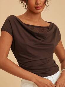 Travachic 女士优雅纯色蕾丝拼接T恤，夏季休闲度假套装，适合夏季假期、春假、派对、海滩、春季、情人节、女士情人节礼物、狂欢节服装，优雅时尚，墨西哥风情波西米亚风上衣，领口饰有蕾丝花边 - 彩色 - 查看 3