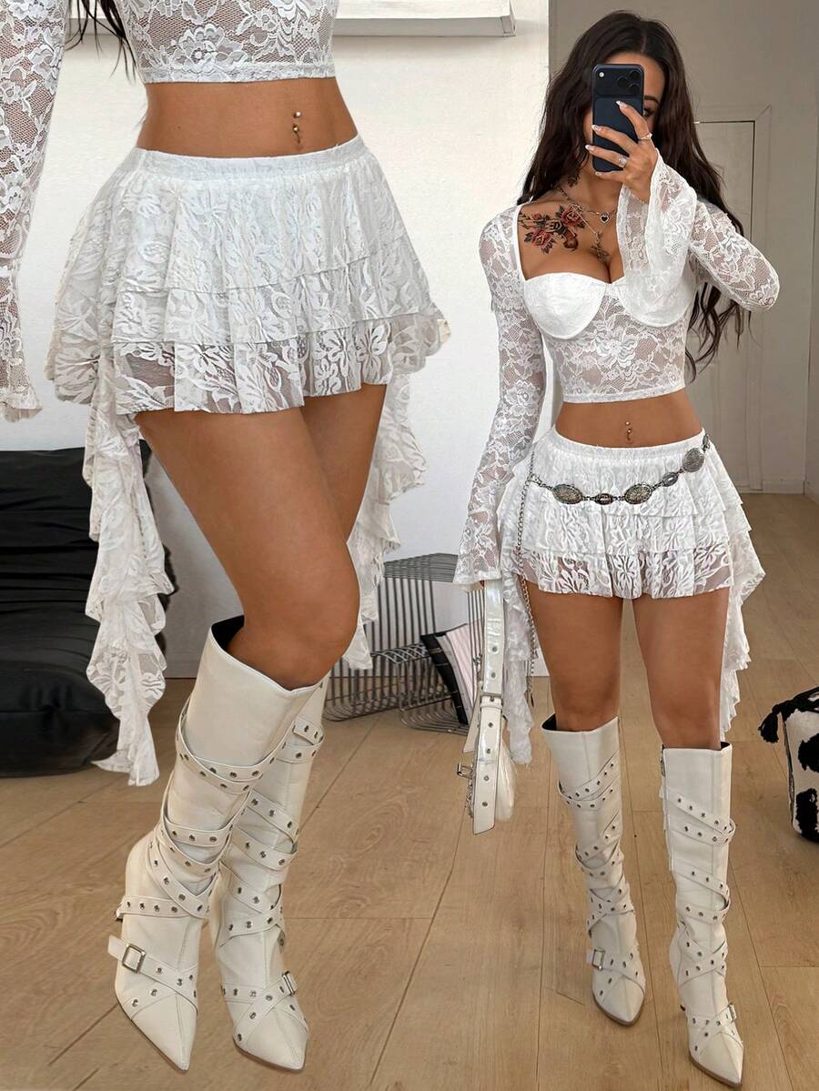 Coolane 女士春季街头风 Y2K 日常穿搭度假休闲派对返校蕾丝荷叶边低腰迷你裙 - 白色 - 查看 1