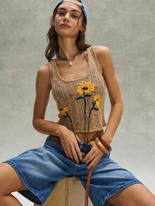 Bohemela Áo tank top dệt kim ngắn tay thêu họa tiết cổ điển, phong cách thường ngày, thích hợp cho mùa hè. - Màu xanh lam - Xem 3
