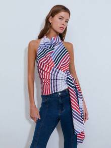 Nöista Halter Cowl Neck Top Features Bold Diagonal Stripes In Red, Navy, And White With A Draped Tie Detail. Spring, Summer, Easter. - Red - View 4