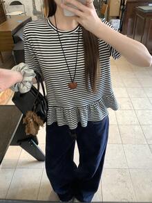 DAZY Women's Loose Fit Ruffle Hem Black & White Striped Long Sleeve T-Shirt, Minimalist Design - Black - View 5