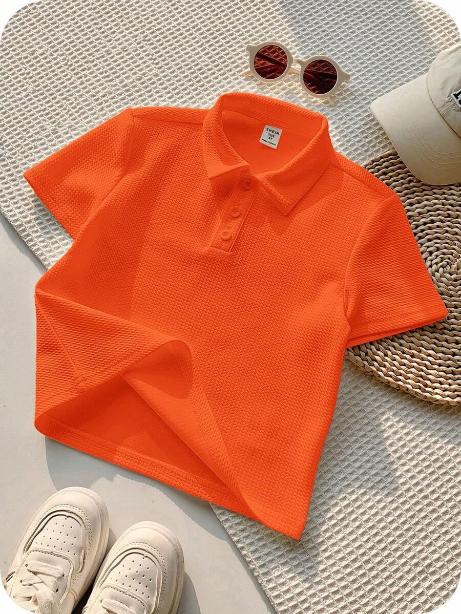 1 件年轻男孩休闲运动橙色艺术复古纹理面料短袖 Polo 衫适合返校适合生日派对、晚会、表演、婚礼、洗礼、开幕式适合中东适合日常使用适合上学适合旅行适合运动适合春夏季节 - 橘色 - 查看 1