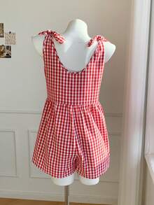 SHEIN EZwear 女士格子打结露肩休闲连体裤 - 咖啡棕 - 查看 2