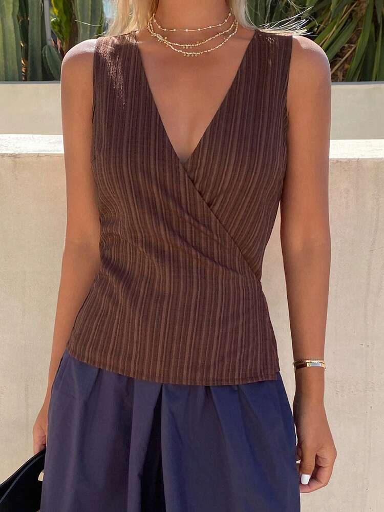 Women's Summer Deep V-Neck Striped Tie-Waist Casual Shirt, Resort Style