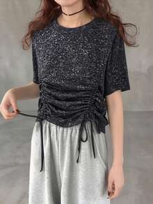 FRIFUL Camiseta holgada y versátil de manga corta con cordón, a cuadros, para mujer, primavera/verano - Gris Oscuro - Ver 5