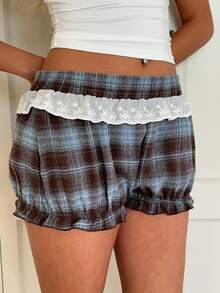 CovetEZ Quần short nữ kiểu dáng thường ngày, họa tiết kẻ caro, gấu quần xếp ly, cạp chun, thích hợp cho mùa hè. - Màu xanh lam - Xem 5