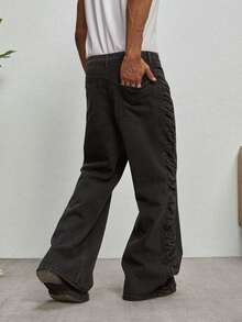 GALLERY FADE Men's Button Front Pocket Wide Leg Loose Fit Jeans - Dark Grey - View 4