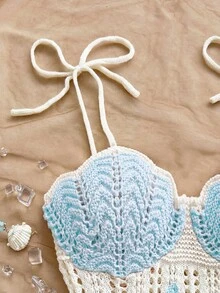 Soleia Đầm slip dệt kim khoét lỗ, phối màu tương phản, họa tiết sao biển, viền bèo nhún đôi, dành cho nữ, thích hợp cho kỳ nghỉ, hẹn hò, tiệc trà chiều, đi biển, du thuyền. - Nhiều màu - Xem 7