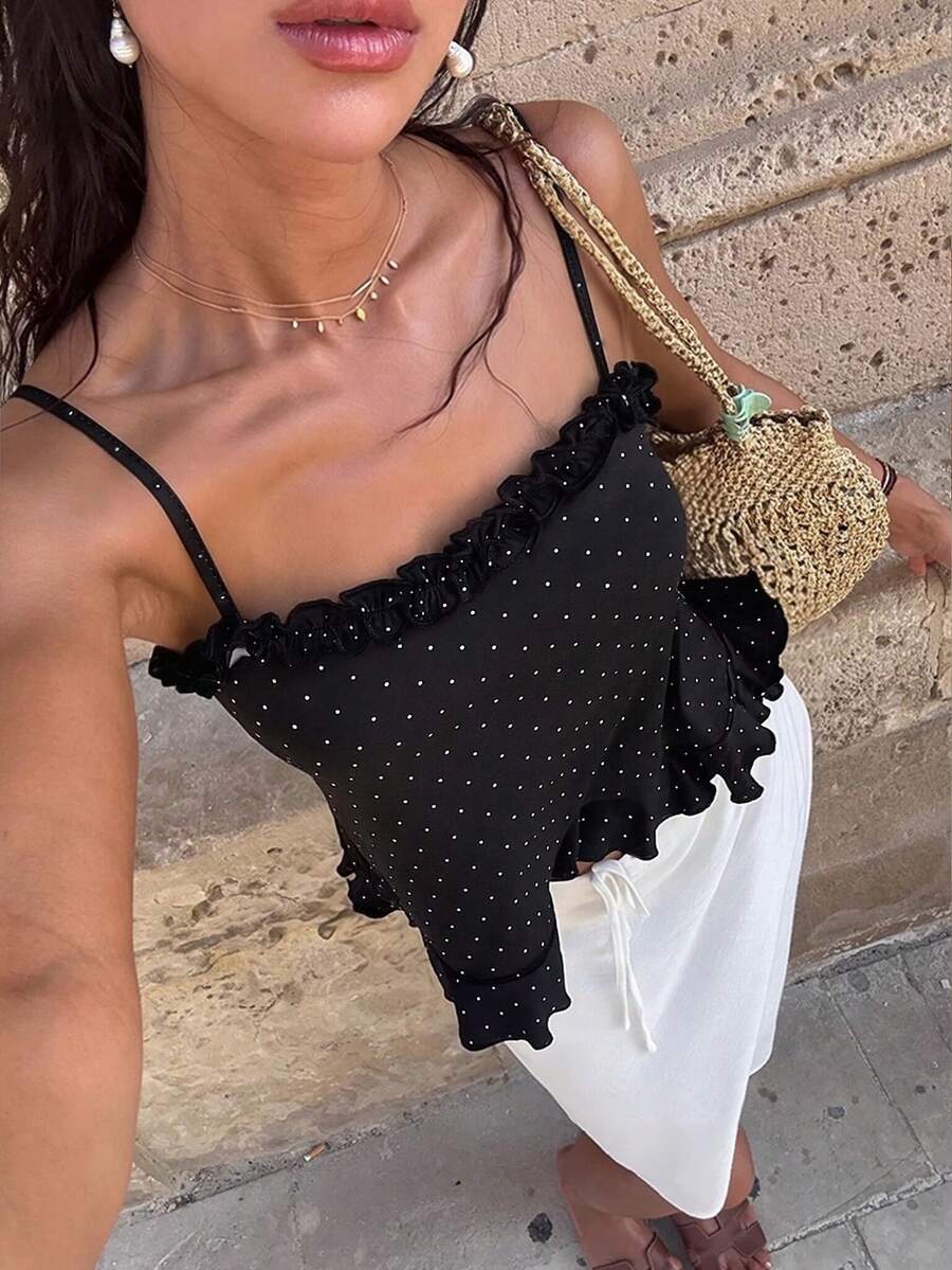 INAWLY Polka Dot Frill Trim Camisole Crop Top, Slim Fit New Design For Women - Black - View 1