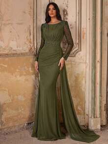 Elegant Luxury Pearl Rhinestone Design Sheer Long Sleeve Elastic Knit Ruched Mermaid Dress, Suitable For Wedding, Party, Vacation, Bride, Mother Of The Bride, Evening Gown - Army Green - View 3