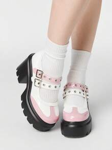 ROMWE Kawaii 女士高跟鞋 Diablo 摇滚朋克哥特风鞋 闭趾玛丽珍小号皮鞋 粗跟 Brock Y2K 派对礼服鞋 - 粉色 - 查看 1