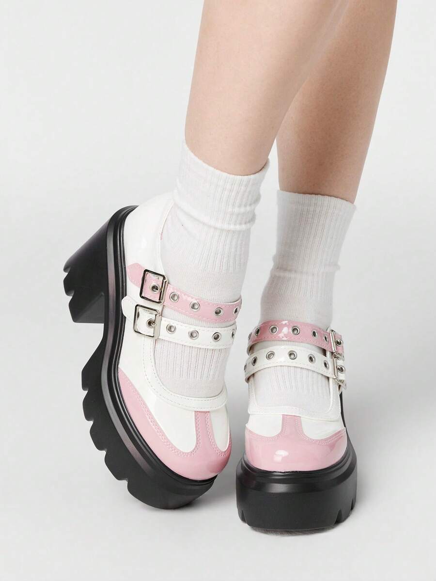 ROMWE Kawaii 女士高跟鞋 Diablo 摇滚朋克哥特风鞋 闭趾玛丽珍小号皮鞋 粗跟 Brock Y2K 派对礼服鞋 - 粉色 - 查看 1