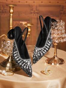 CUCCOO TILAWA New Black Rhinestone Pointed High Heels Women's Thin Heels With Sandals Banquet Dress Shoes Light Luxury Temperament Wedding Shoes - Black - View 1