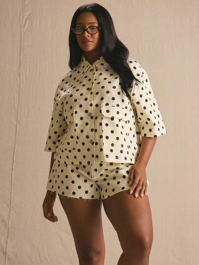 MUSERA Plus Size Polka Dot Denim Button Through Short Sleeve Top Spring Summer Elegant Easter Cute Vacation Casual Everyday Sunlight Social