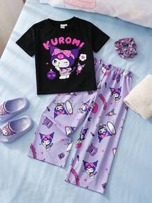 HELLO KITTY AND FRIENDS | SHEIN 少女卡通字母印花圆领短袖上衣和裤子休闲日常穿搭 - 紫色 - 查看 1