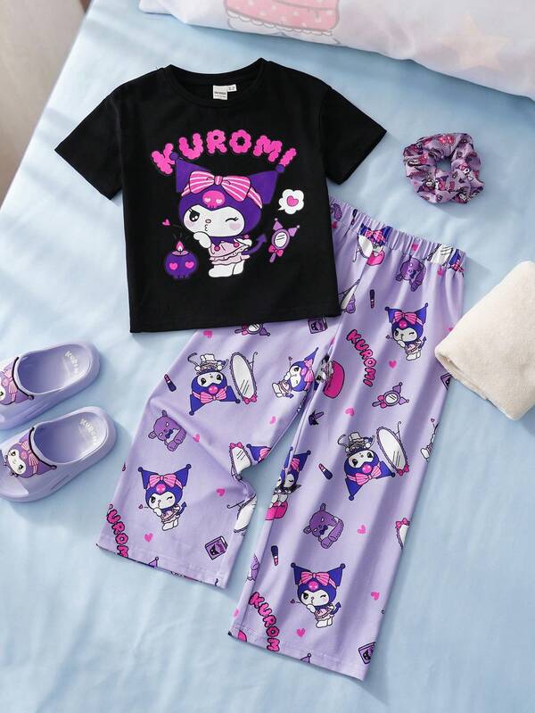 HELLO KITTY AND FRIENDS | SHEIN Young Girl Cartoon Letter Print Round Neck Short Sleeve Top And Pants Casual Daily Outfit