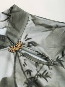 Sweetra Women's Mandarin Collar All-Over Print Ruched Asymmetric Hem Fitted Casual Short Sleeve T-Shirt - Multicolor - View 6