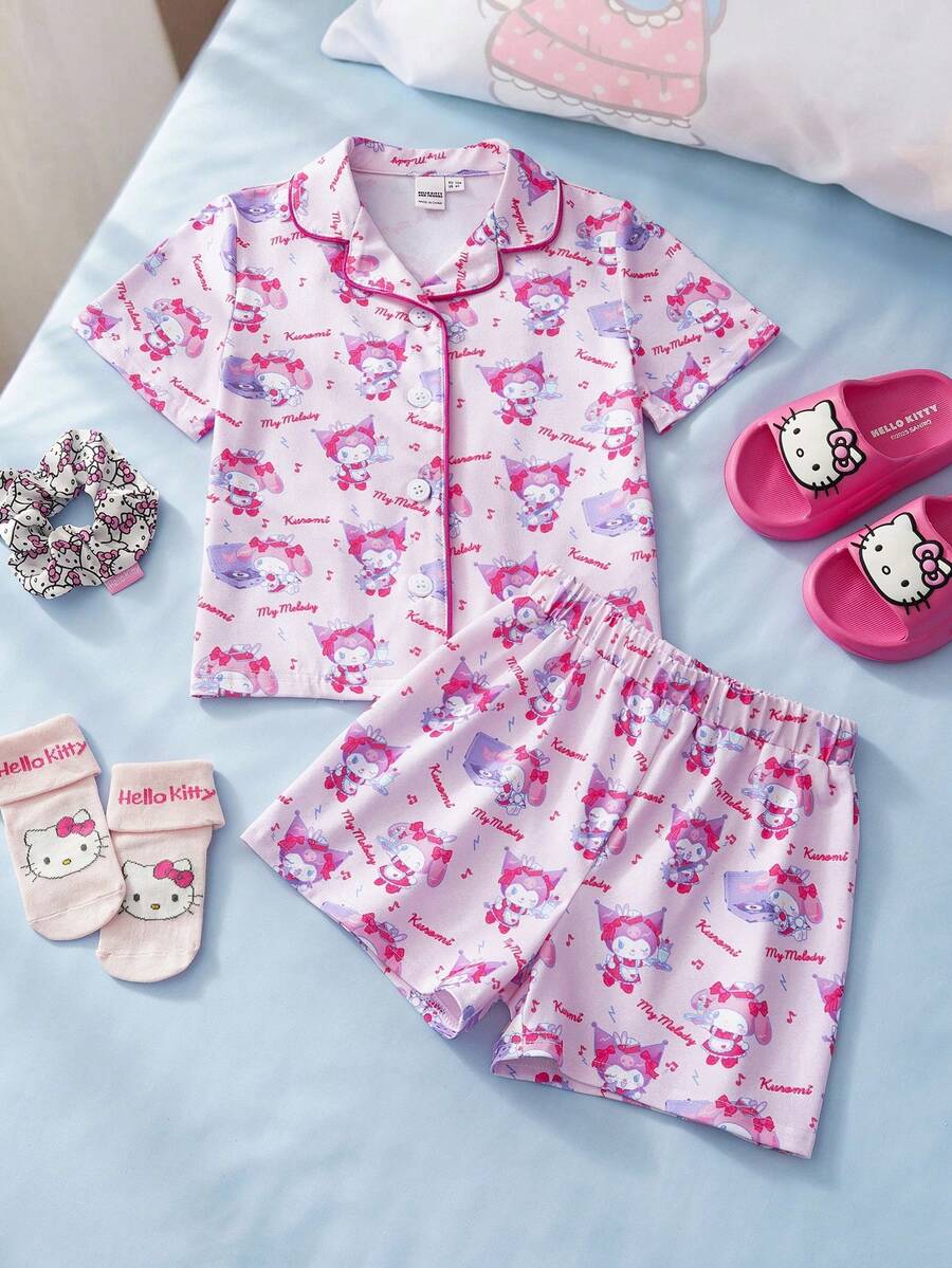 HELLO KITTY AND FRIENDS | SHEIN 女童卡通图案短袖上衣和裤子睡衣套装 - 粉色 - 查看 1