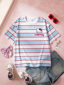 HELLO KITTY AND FRIENDS | SHEIN 少女休闲条纹猫咪印花圆领落肩T恤，夏季 - 彩色 - 查看 1