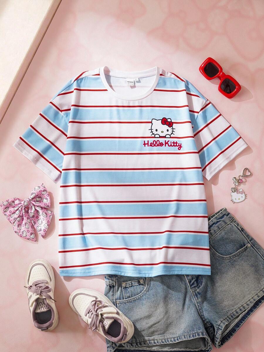 HELLO KITTY AND FRIENDS | SHEIN 少女休闲条纹猫咪印花圆领落肩T恤，夏季 - 彩色 - 查看 1