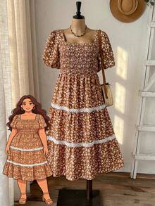 Rusticease 大码夏季度假碎花撞色蕾丝花瓣袖连衣裙 - 彩色 - 查看 1