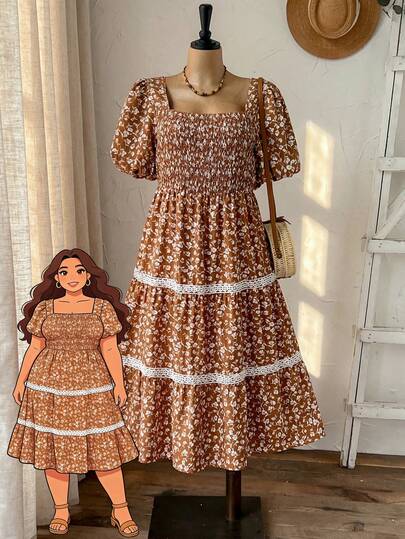 Rusticease Plus Size Summer Vacation Ditsy Floral Contrast Lace Petal Sleeve Dress Summer Dress  Summer Outfits Summer Clothes Spring Dress Spring Outfit Women Spring Clothing Country Style For Women Country Dress For Women