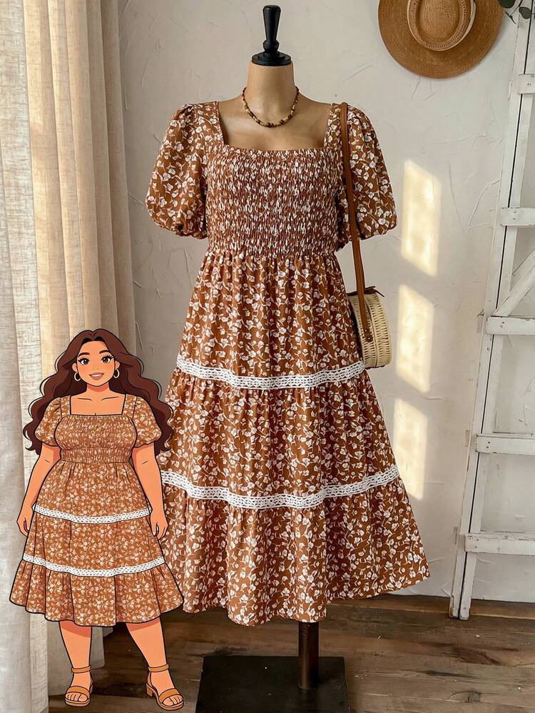 Plus Size Summer Vacation Ditsy Floral Contrast Lace Petal Sleeve Dress Summer Dress  Summer Outfits Summer Clothes Spring Dress Spring Outfit Women Spring Clothing Country Style For Women Country Dress For Women