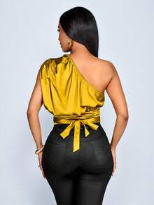 SOLERSUN Blusa de satén amarilla sexy y elegante para ir al trabajo, fiestas de primavera/verano y vacaciones. - Mostaza Amarilla - Ver 3