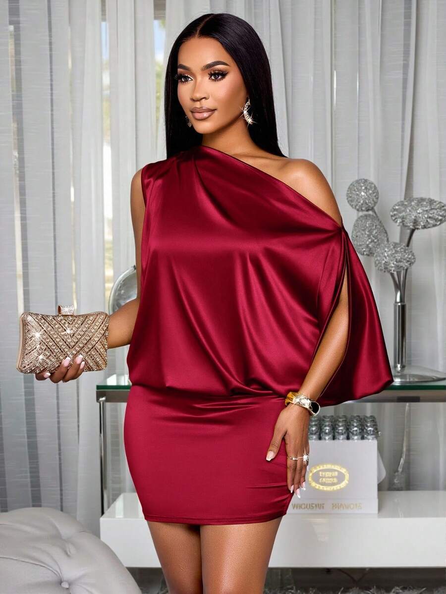 SOLERSUN Đầm ôm body mini bằng vải satin cổ bất đối xứng thanh lịch dành cho nữ - Màu Đỏ Sâu - Xem 1
