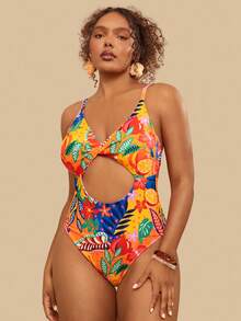 Travachic Plus Size Tropical Plant Print Cutout Front Twist One-Piece Swimsuit, Sexy & Slimming, Suitable For Beach Vacation Summer Outfits, Spring Clothing,Spring Outfit Women, Going Out Outfits, Vacation Outfits Women,Holiday Outfits, Casual Outfit For Women, Boho Style Women, Resort Outfit For Women, Island Holiday Outfit, Havana Outfit, Tropical Outfit, Mexican Style Plus Size Bathing Suits Women - Multicolor - View 5