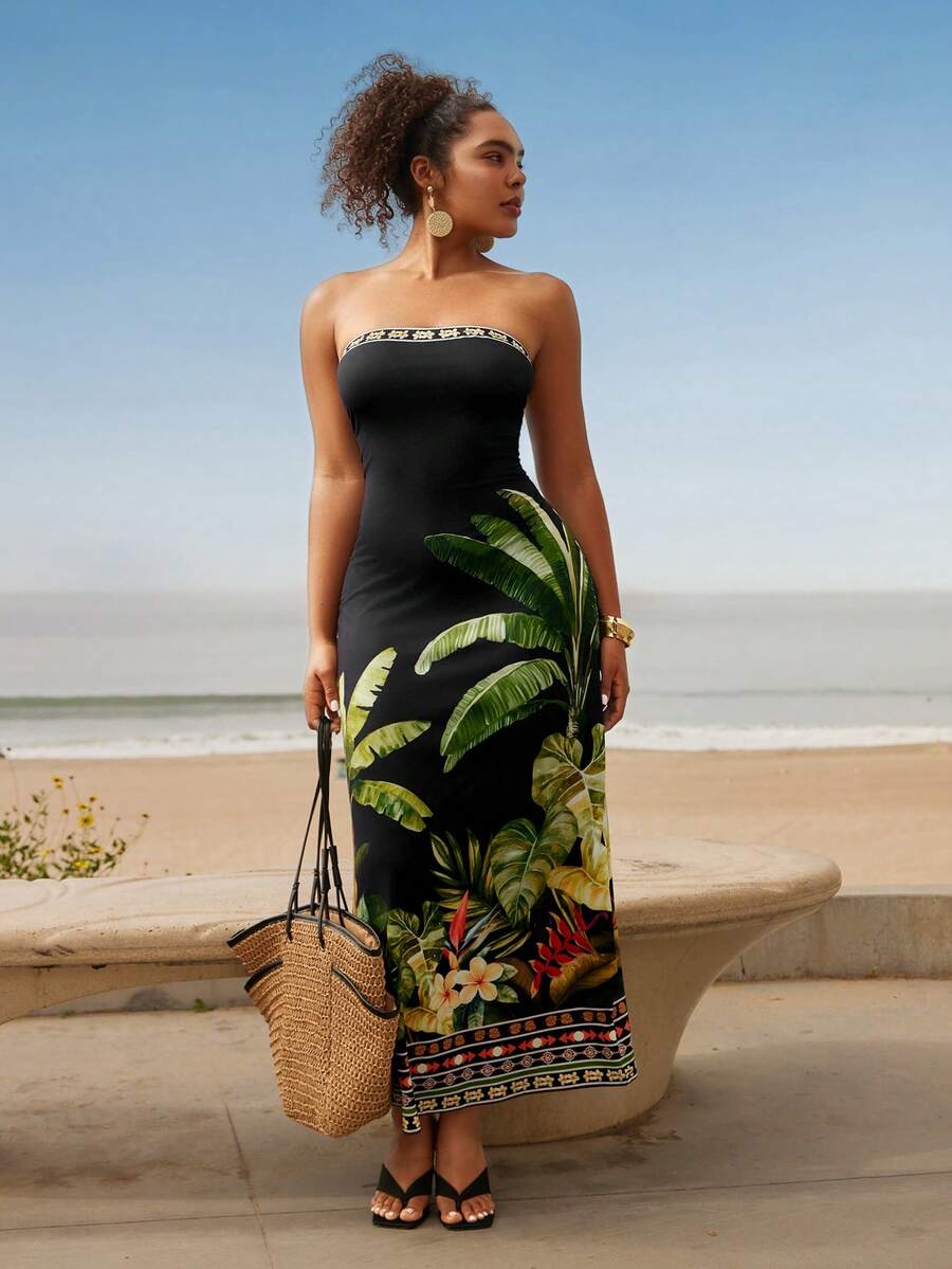 Travachic 大码女式热带印花无肩带连衣裙，弹力针织长裙，假日海岛风连衣裙 - 黑色 - 查看 1