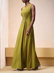 Zivah 2026春夏新款休闲通勤风纯色芥末黄圆领扭结露背女式长裙。适合度假、旅行、西部风情、海滩、游牧生活、约会、情人节、婚礼季、海滩、节日、日常出行、派对、购物、机场穿搭和早午餐穿搭。 - 芥末黃 - 查看 7