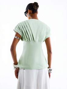 LYSMO 2026 New Arrive Minimalism Spring/Summer Women's Pleated Waist Cap Sleeve Blouse - Mint Green - View 2