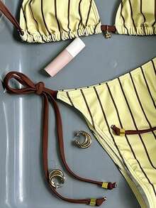 Swim Mod Traje de baño de vacaciones con diseño geométrico y de rayas de contraste de color dulce, conjunto de traje de baño para mujer - Multicolor - Ver 4