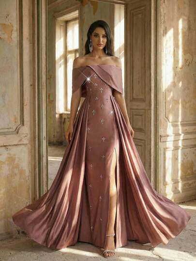 Aureia Elegant Luxurious Stretch Knit & Satin Off Shoulder Mermaid Hem Dress With Sequins For Women, Formal Evening Gown Off Shoulder Formal Dress Evening Elegant Dresses Gowns Glamorous Dress