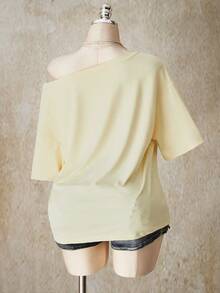 SHEIN ICON 大码女式花朵、棕榈树和贝壳印花宽松黄色T恤，度假风 - 黃色 - 查看 2